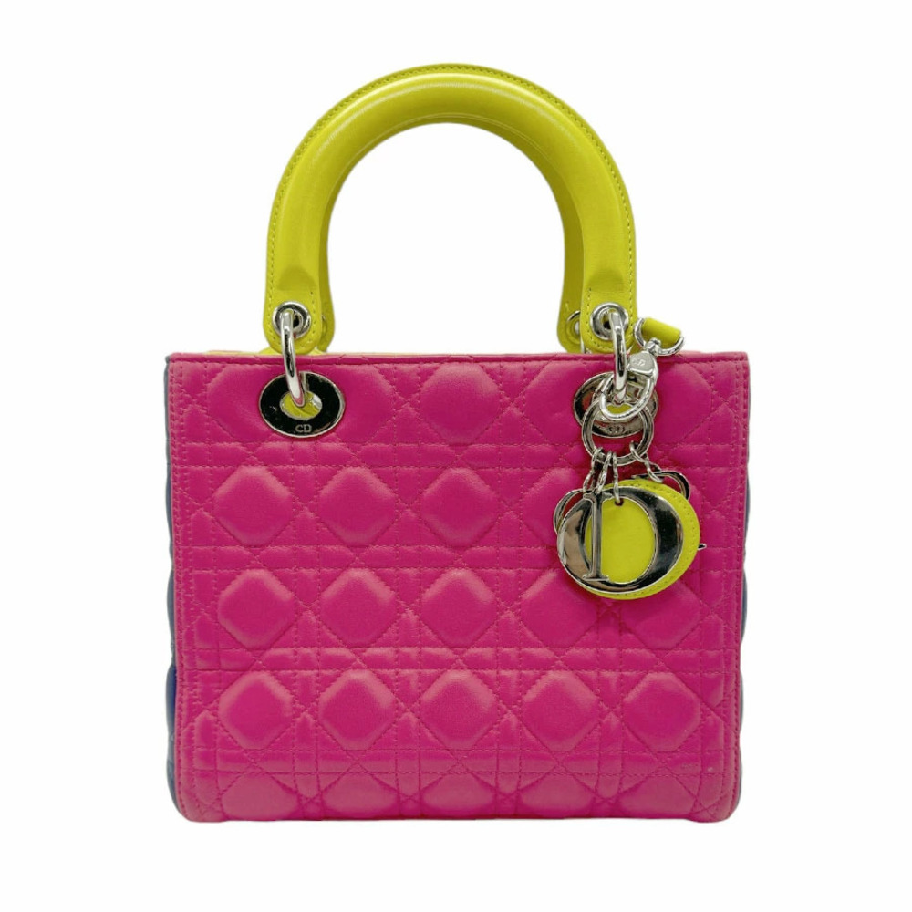 Christian Dior Lady 2way Shoulder Bag leather pink green yellow blue silver